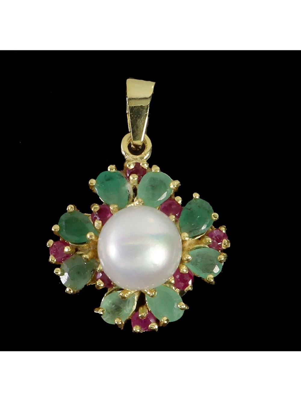 14K Yellow Gold Natural Pearl Emerald & Ruby Pendant with 18” necklace